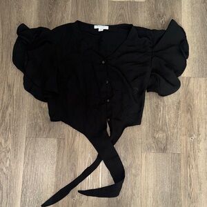 Favlux Black Tie-Front Blouse – Flutter Sleeve Top (Size Small)